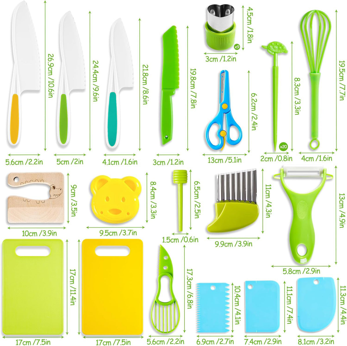 From Tiny Hands kitchen tools laid out on a cutting board with fresh vegetables