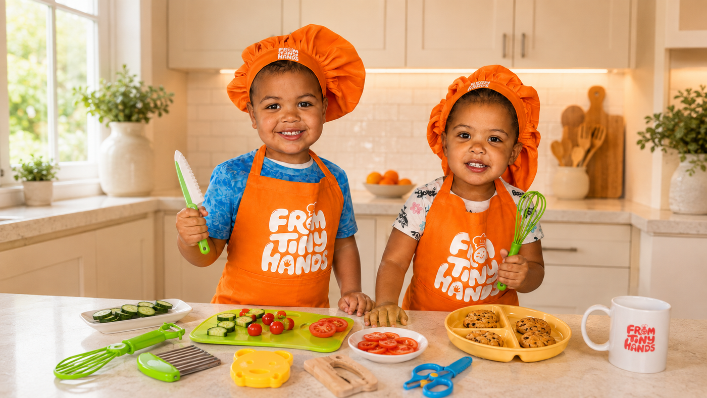 Children cooking with the From Tiny Hands Kitchen Master Kit